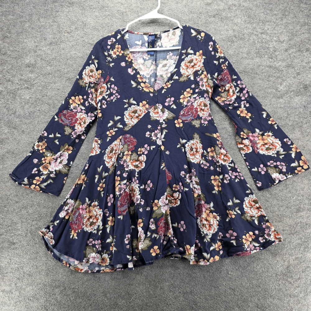 Blue Rain Dress Womens Medium Floral Bell Sleeve Boho Fit Flare Casual Rayon